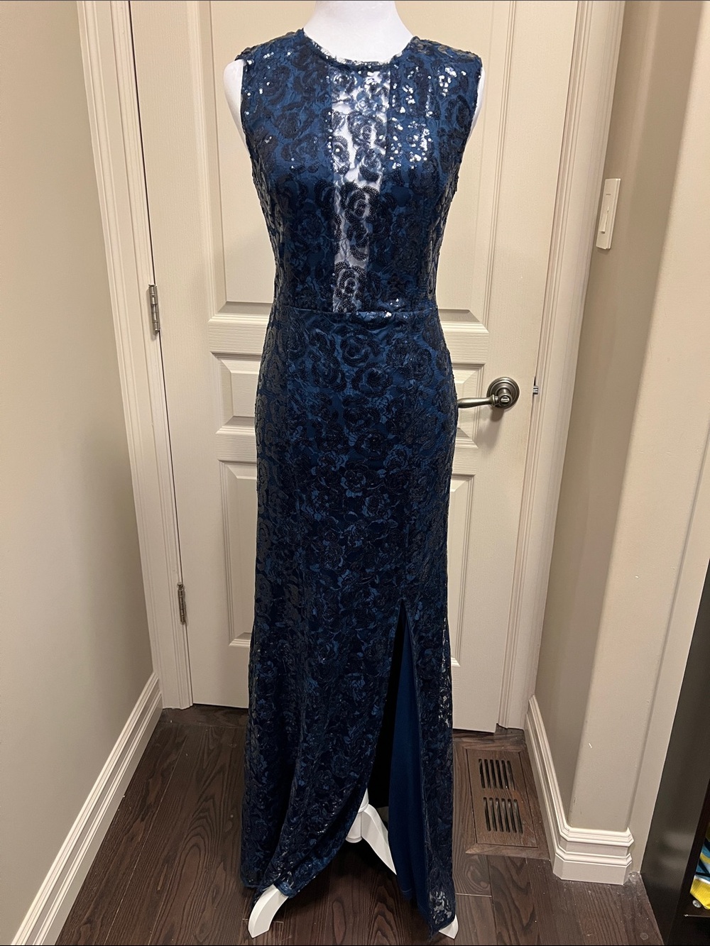 New Look Navy Blue Sequin Evening Dress open back deep v